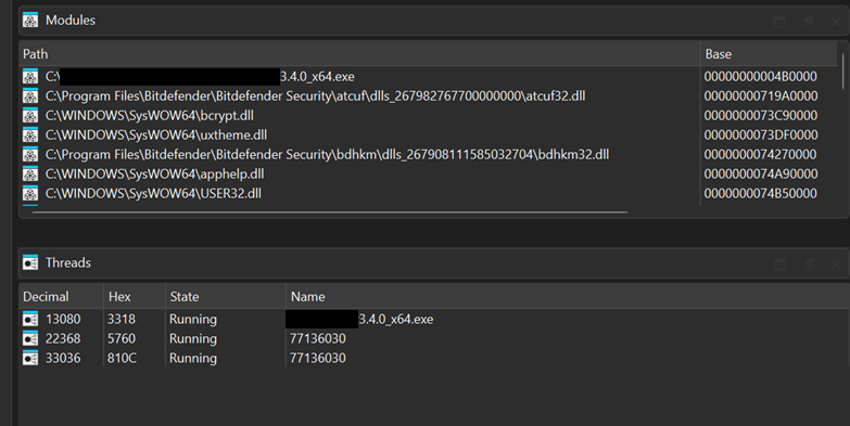 Moduli Bitdefender iniettati nel processo